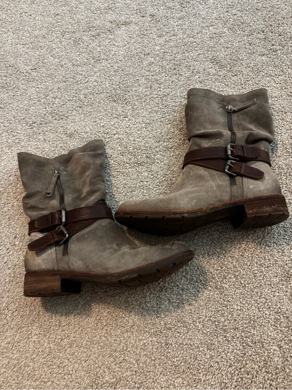 Sofft Taupe Suede Mid-Calf Buckle Moto Boots